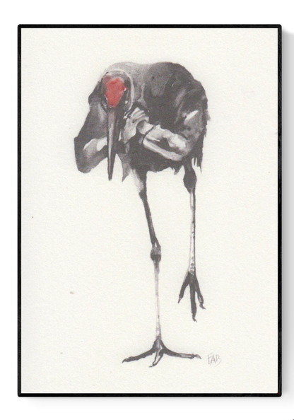 Expressive art print of a black bird by FAB titled 'Black Bird' – minimalist illustration featuring a solitary bird with a striking red head, rendered in delicate watercolor tones. Contemporary avian artwork with emotional depth, perfect for modern interiors and bird art collectors