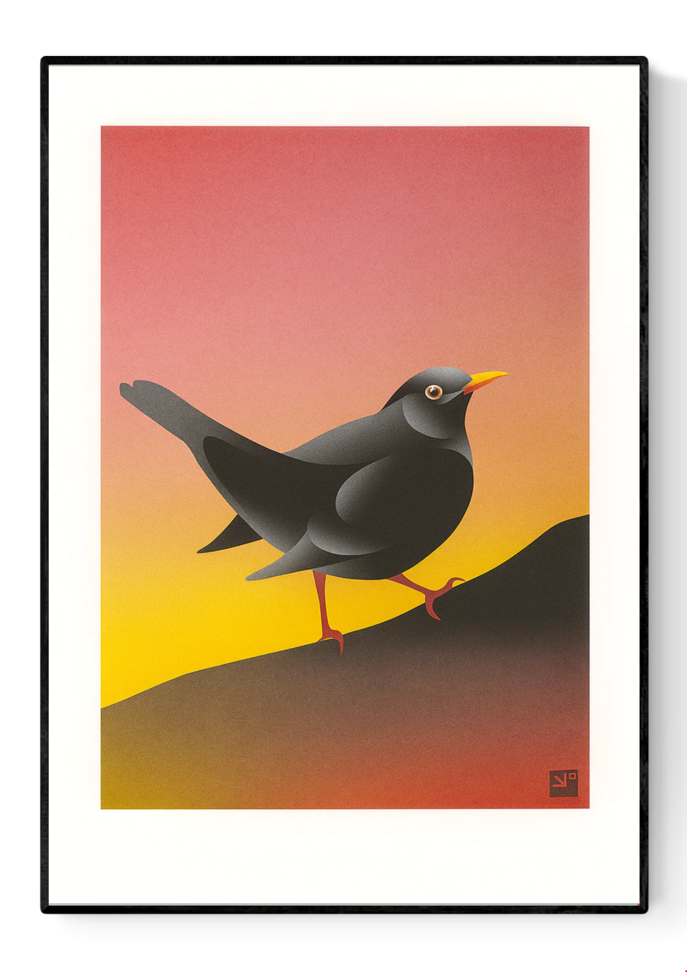 Blackbird illustration by VrijFormaat featuring a sleek black bird against a warm sunset gradient background — modern nature-inspired wall art available at Galerie Frits