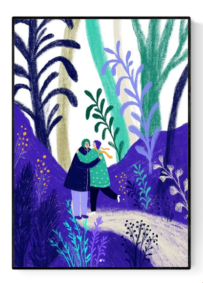 Colourful digital art print by Belgian illustrator Louise de Meester, featuring two people hugging in a dreamy, lush forest setting with purple and green foliage – 21x29.7 cm, perfect for adding warmth and love to your home.