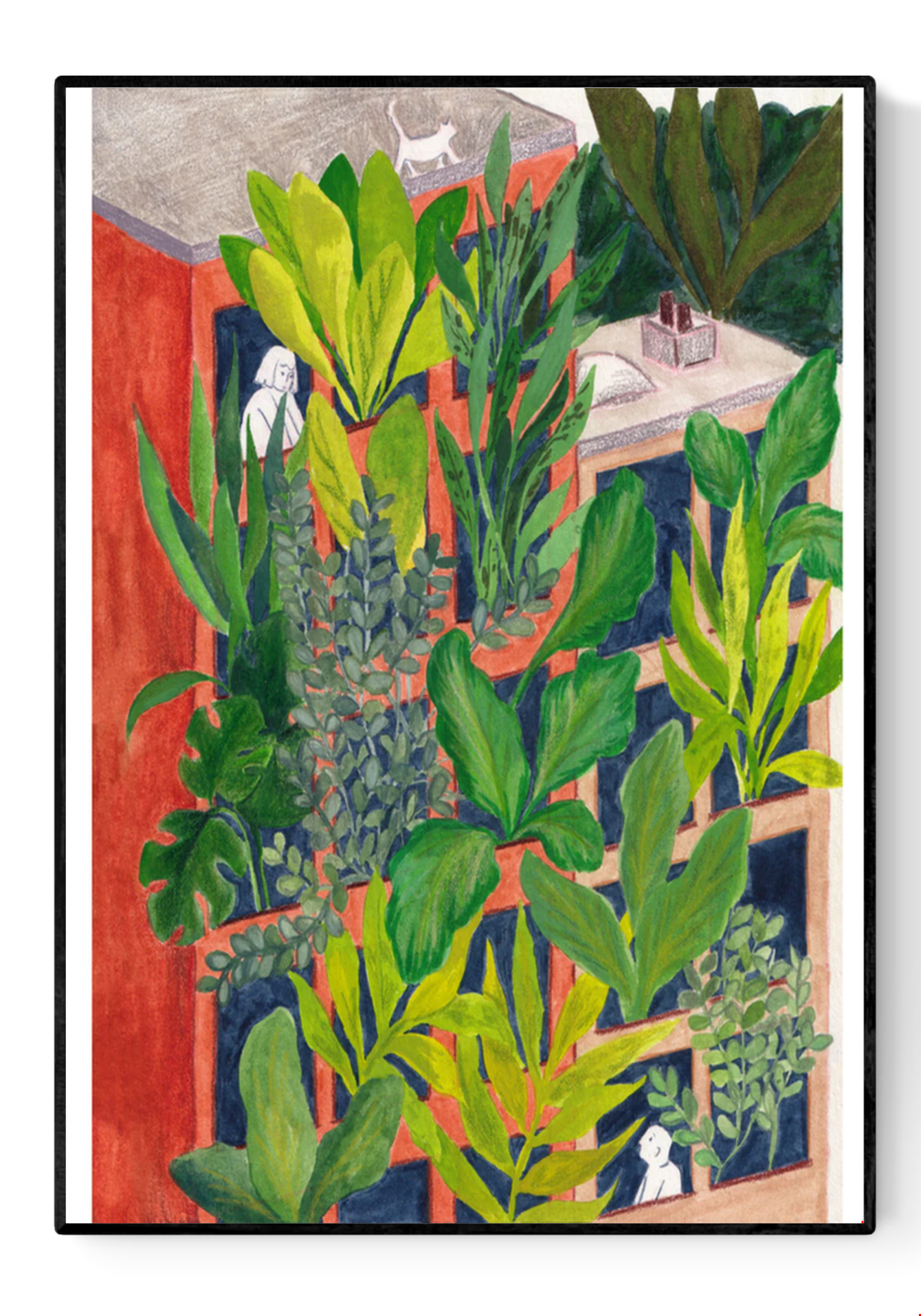 Bloom by Kim Timmermans – botanical illustration of lush green plants surrounding a terracotta building with small white figures at windows, whimsical and vibrant wall art available at Galerie Frits