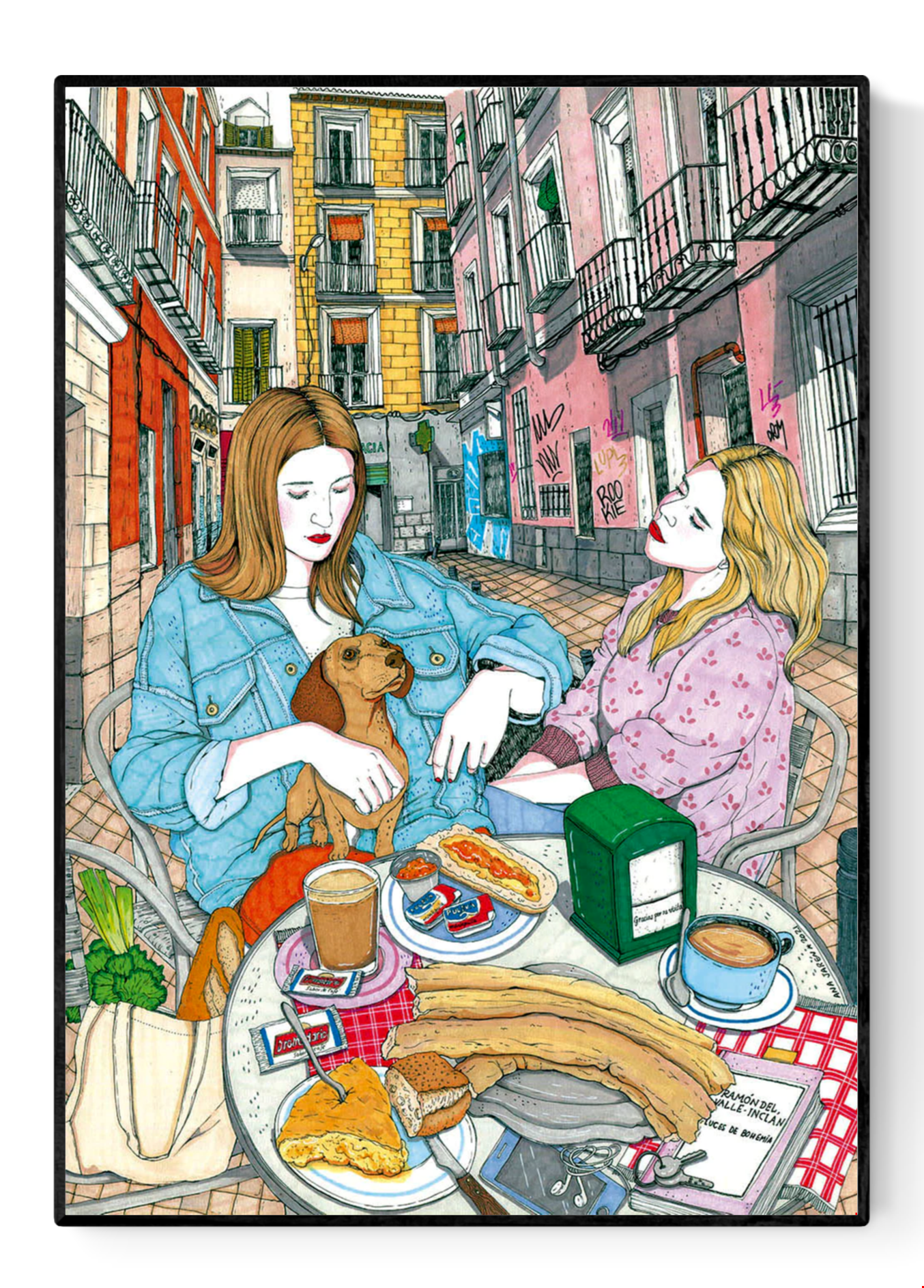 Colourful art print by Spanish illustrator Ana Jarén showing two women enjoying a typical Madrid breakfast with churros, coffee and pastries in the lively Malasaña neighbourhood – 29.7 x 42 cm, perfect wall art to bring Spanish charm to your home.
