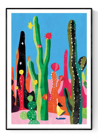 Cactus by Shihotana – 30x40 cm Japanese art print featuring a whimsical girl exploring a surreal desert filled with tall, colorful cacti under a bright sky. Dreamlike illustration in vibrant tones, printed in France on FSC-certified eco paper, unframed wall art inspired by nature and fantasy worlds.