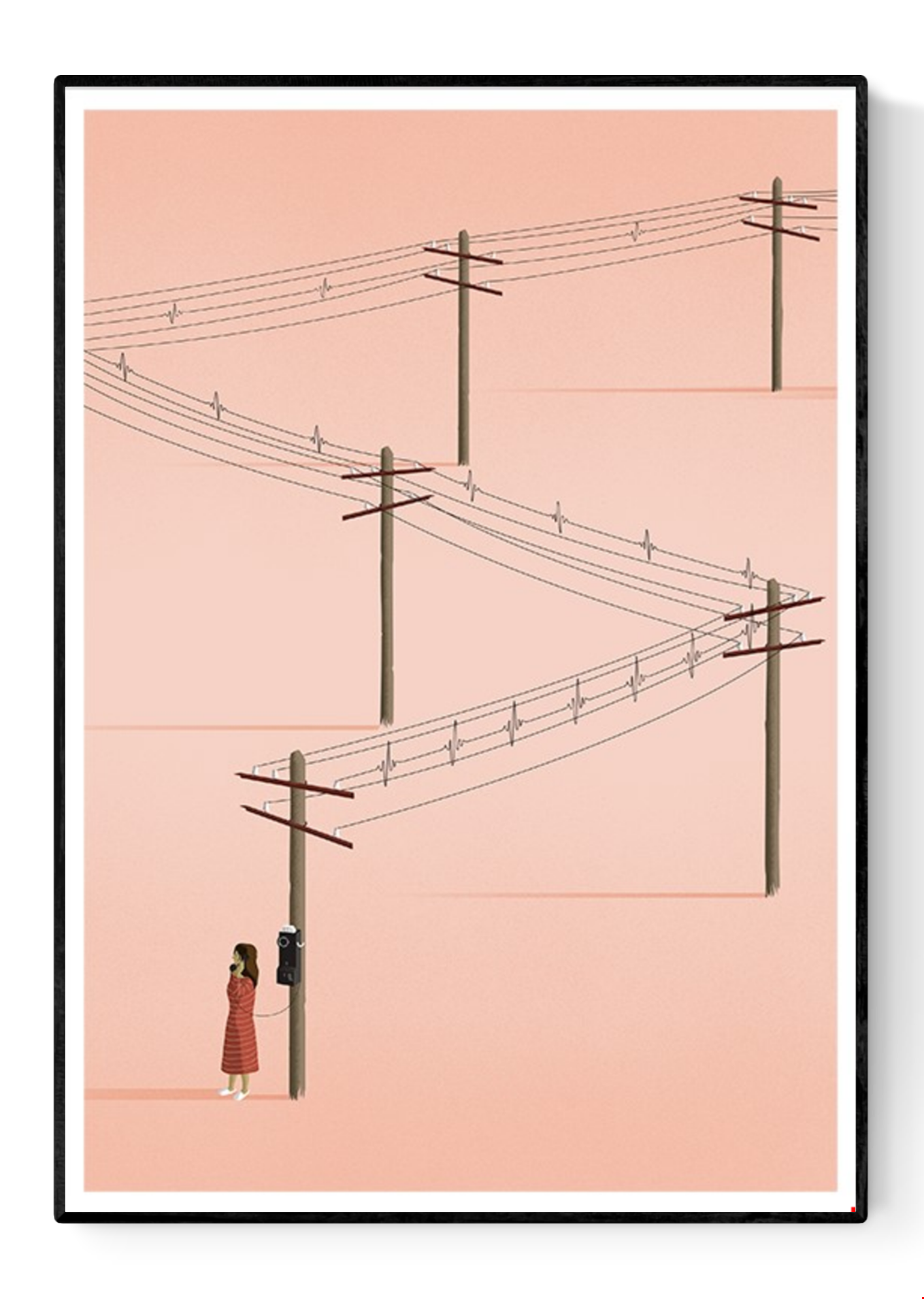 Minimalist art print titled 'Call' by Ana Yael, featuring a woman in a red dress using a vintage telephone on a wooden pole, with telephone wires stretching across a soft pink background – poetic and nostalgic wall art available at Galerie Frits