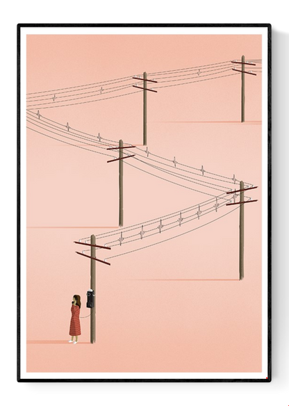 Minimalist art print titled 'Call' by Ana Yael, featuring a woman in a red dress using a vintage telephone on a wooden pole, with telephone wires stretching across a soft pink background – poetic and nostalgic wall art available at Galerie Frits