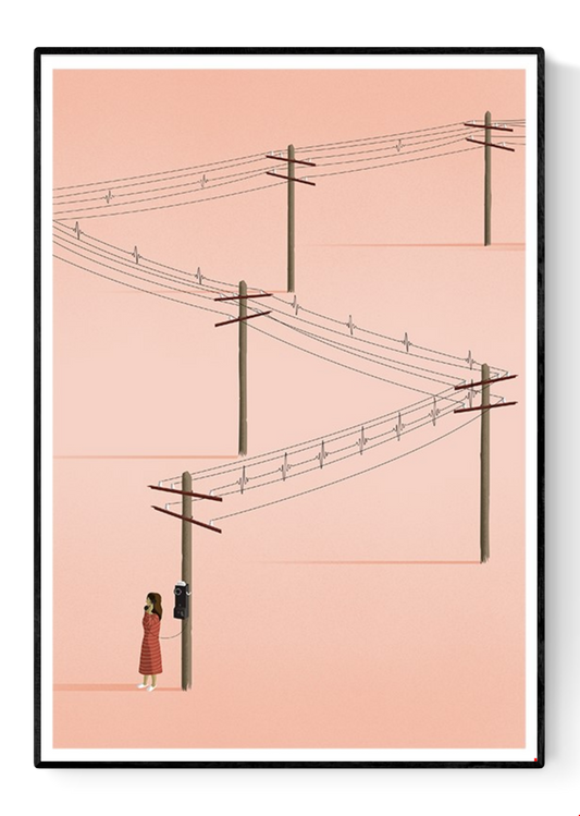 Minimalist art print titled 'Call' by Ana Yael, featuring a woman in a red dress using a vintage telephone on a wooden pole, with telephone wires stretching across a soft pink background – poetic and nostalgic wall art available at Galerie Frits