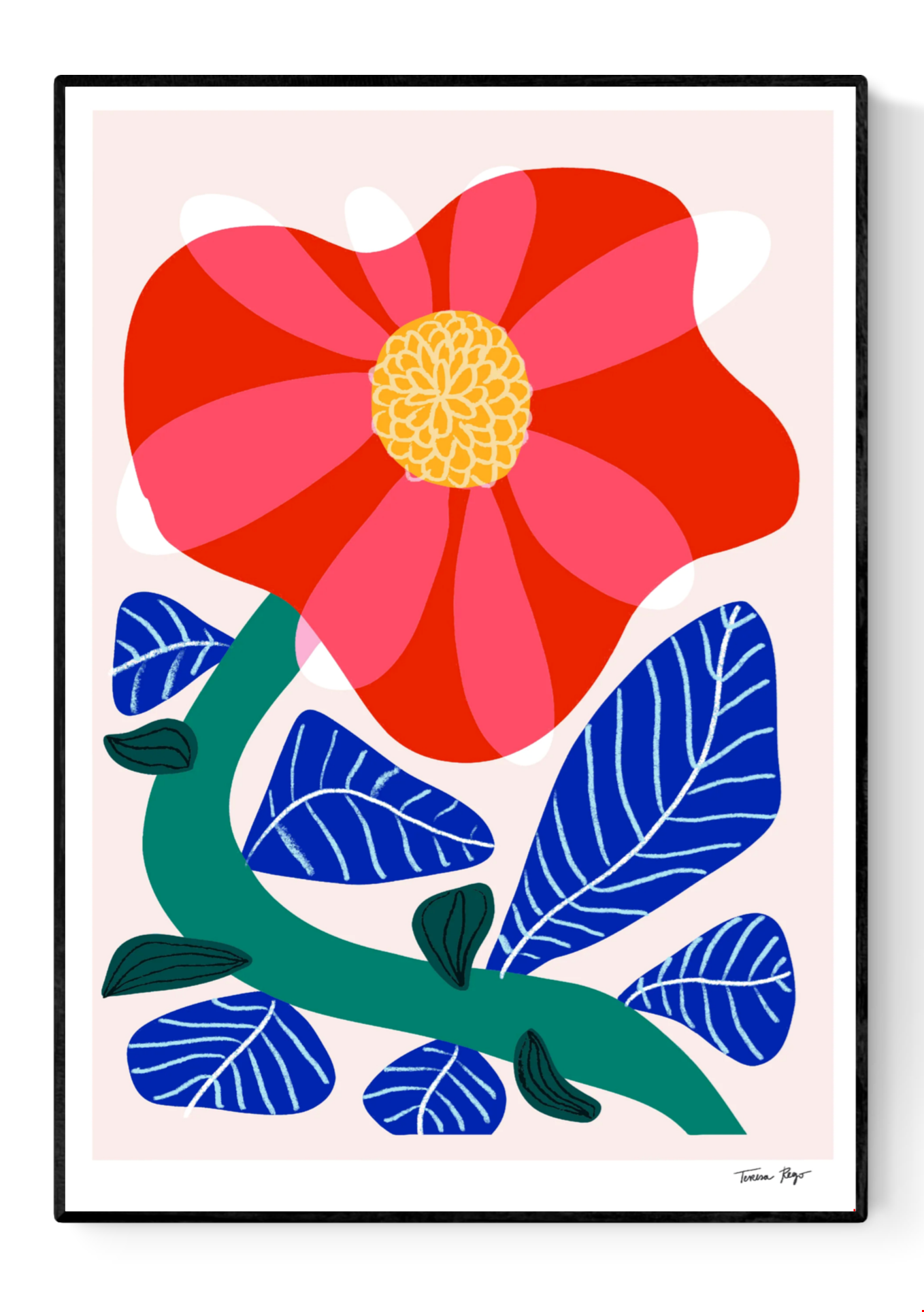 Giclée print of bold camellia flower illustration by Portuguese artist Teresa Rego – vibrant red camellia in bloom with blue graphic leaves and playful green stems, printed on 315 gsm fine art, acid-free, 100% cotton paper using pigment-based inks – premium A3 botanical wall art for modern interiors.