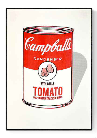 Campballs by Studio Stoutpoep – risograph A2 art print parodying the Campbell’s soup can, featuring the text "Tomato with balls" and humorous testicle icon. Bold pop-art illustration with edgy humor. Printed in Belgium on 300g paper.
