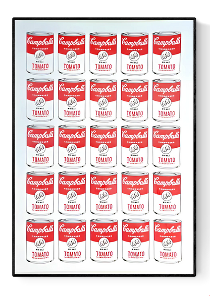 Campballs Andy's Version by Studio Stoutpoep – risograph A2 art print featuring a grid of humorous soup cans parodying Warhol’s Campbell’s series. Red and white tomato cans labeled "with balls" and “may contain traces of nuts.” Printed in Belgium with soy-based inks.