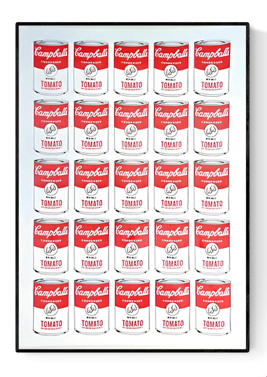 Campballs Andy's Version by Studio Stoutpoep – risograph A2 art print featuring a grid of humorous soup cans parodying Warhol’s Campbell’s series. Red and white tomato cans labeled "with balls" and “may contain traces of nuts.” Printed in Belgium with soy-based inks.