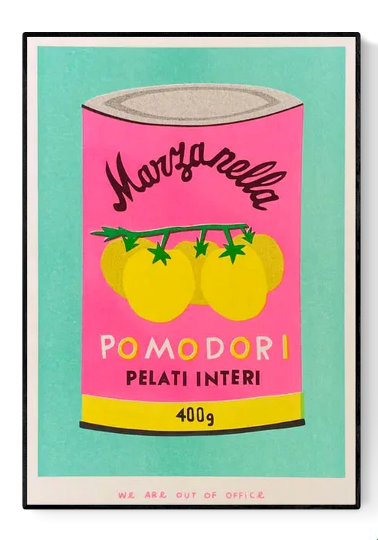 Colorful risograph illustration of a tomato can labeled “Pomodori Pelati Interi” in pink, yellow, and mint – Pomodori by We Are Out Of Office, 13x18 cm risoprint made in the Netherlands.