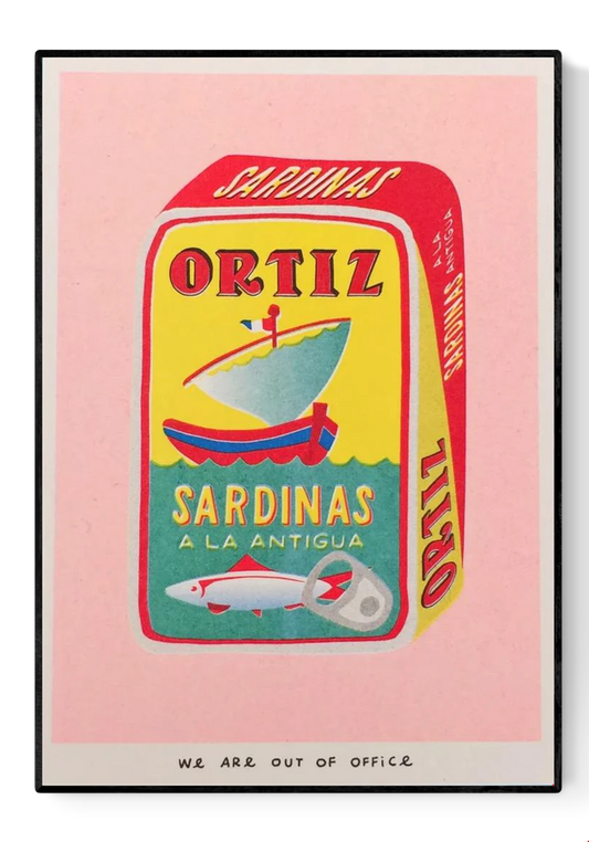 Colorful risoprint illustration of a vintage Ortiz sardine can by We Are Out Of Office, printed with soy ink on 300g Biotop paper – bold kitchen wall art in retro pop art style.