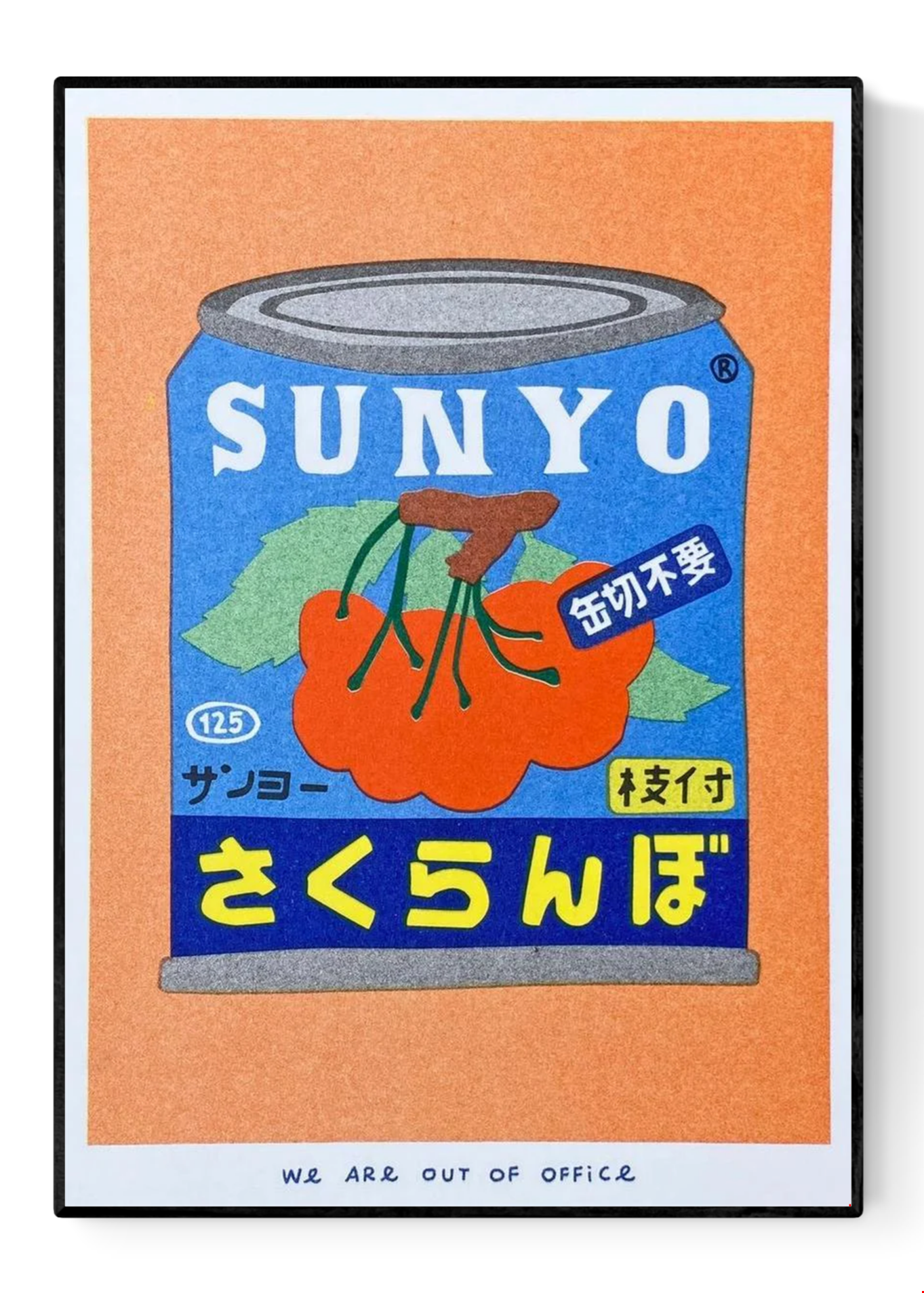 Colorful risograph art print of a Japanese can of cherries titled Canned Cherries by We Are Out Of Office, featuring bold retro typography and six-color rice-ink printing on Biotop 300g paper. Perfect wall art for pop art and Japanese design lovers.
