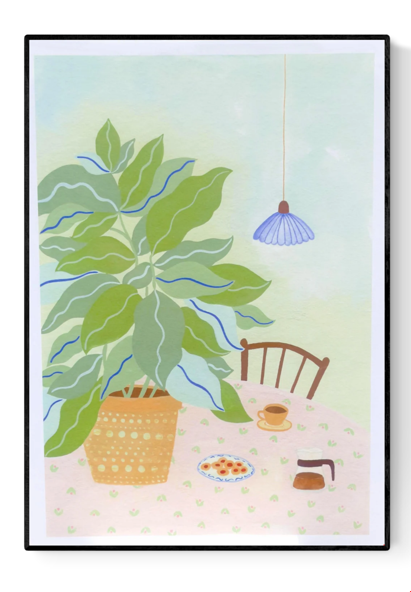 A3 illustration "Coffee Plant" by Leens showing a large leafy plant in a yellow pot, a table with a pink floral cloth, coffee cup, cookies, and carafe. Ideal for cozy kitchen or slow living decor.