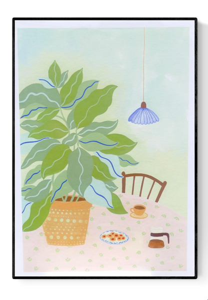 A3 illustration "Coffee Plant" by Leens showing a large leafy plant in a yellow pot, a table with a pink floral cloth, coffee cup, cookies, and carafe. Ideal for cozy kitchen or slow living decor.