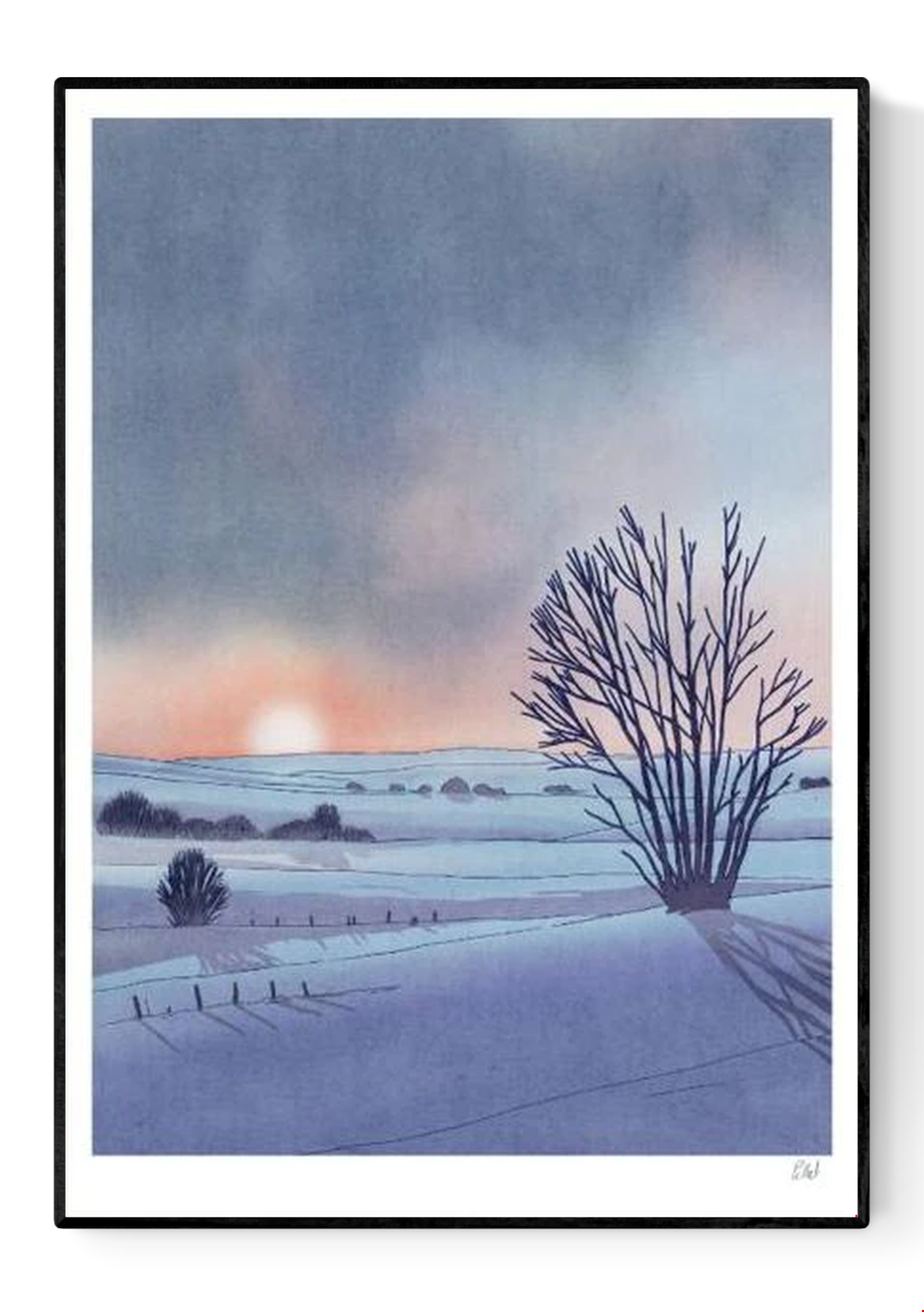Collines art print by French illustrator Victor Pellet, 29.7 x 42 cm A3 risograph print in 4 colors, depicting a peaceful winter landscape at sunset with snow-covered hills and bare trees, printed on 150g Munken Print White paper, made in Belgium, unframed, packaged with protective sleeve and cardboard backing.
