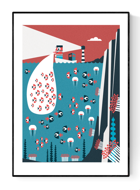 Colorful ocean-themed digital art print titled “Fisherman” by Studio Frits, showing a lighthouse, underwater fish, and jellyfish in retro style with red, teal, and black tones. Available in 30x40 cm and A2.