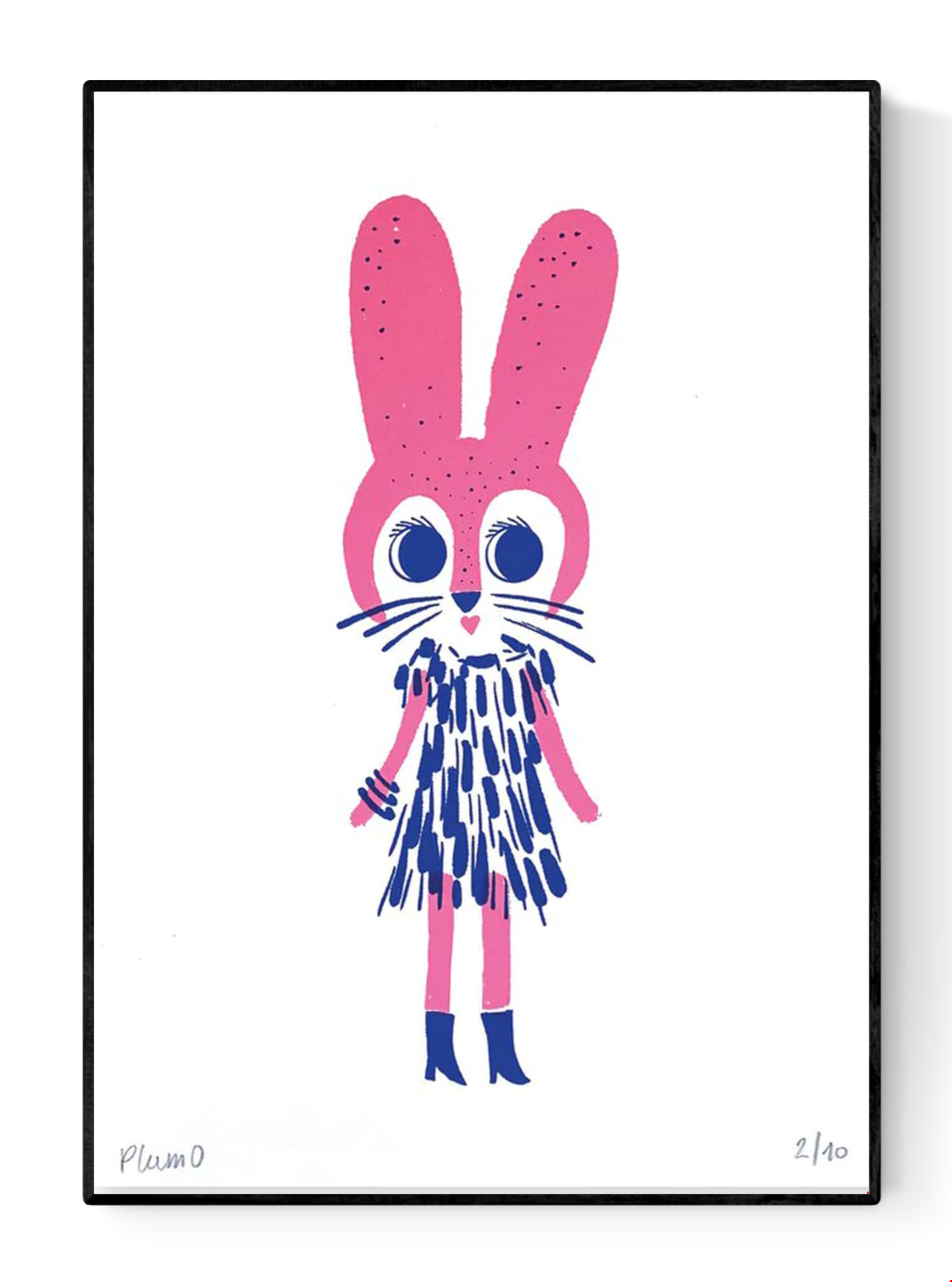 Handmade screenprint of a whimsical fuchsia pink rabbit wearing a playful blue dress and boots, designed by Plumo. Cute and bold animal illustration perfect for kids’ room decor or as a unique art gift. Limited edition A5 art print made in the Netherlands