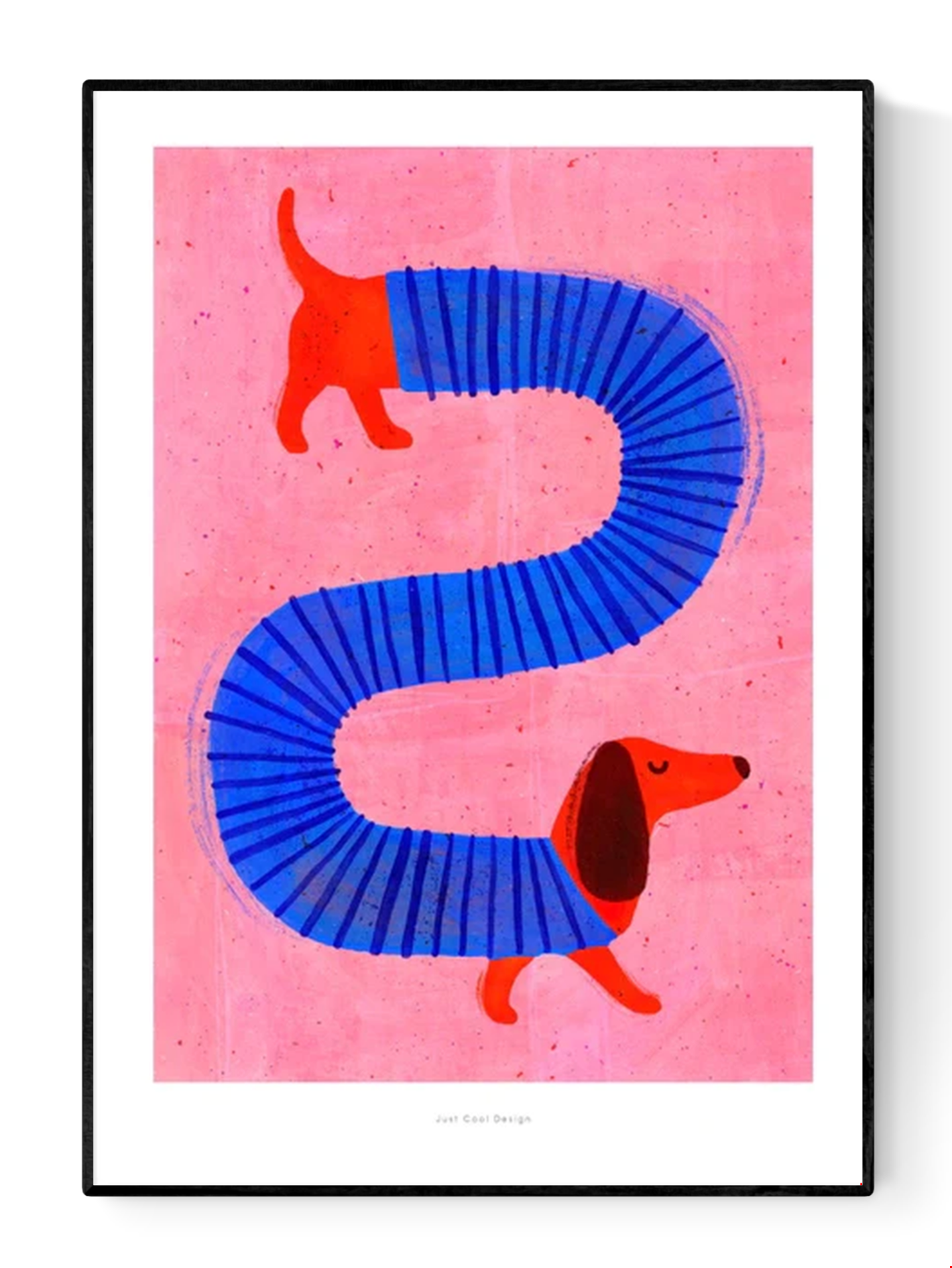 Playful illustration of a red sausage dog with a blue accordion body on a pink background by Just Cool Design – whimsical dachshund wall art print for modern and fun home decor, available at Galerie Frits