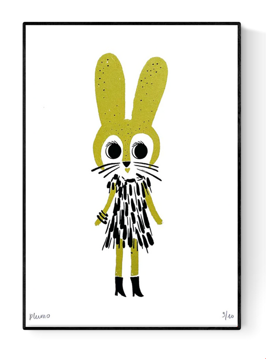 Gold Rabbit art print by Plumo – hand-printed A5 screenprint of a whimsical yellow bunny in a textured outfit, minimalist design, perfect for kids’ rooms and playful home decor