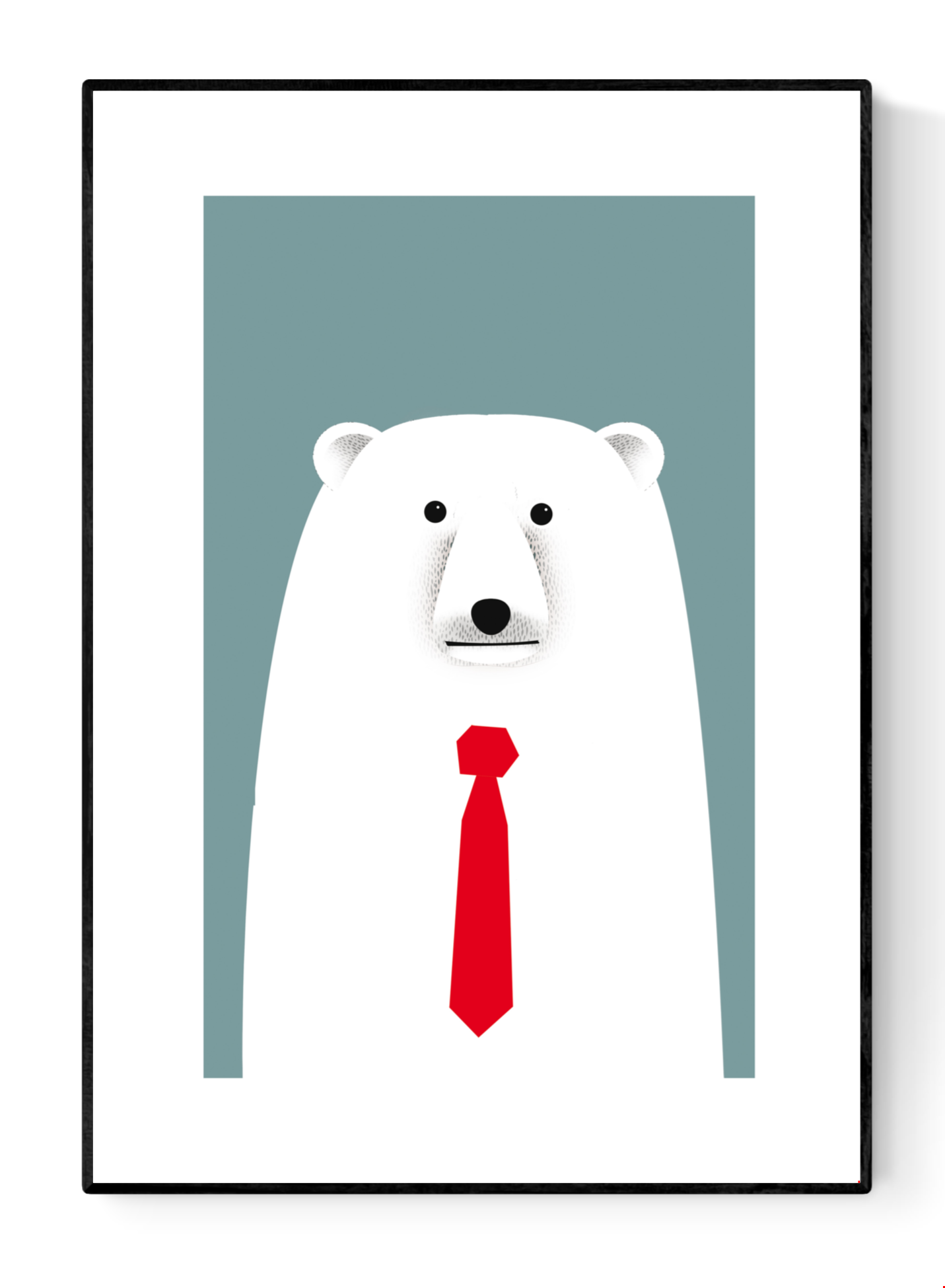 Minimalist polar bear art print wearing a red tie, modern A4 wall decor by Studio Frits, whimsical animal illustration printed on 300g paper – ideal for kids’ rooms or office walls
