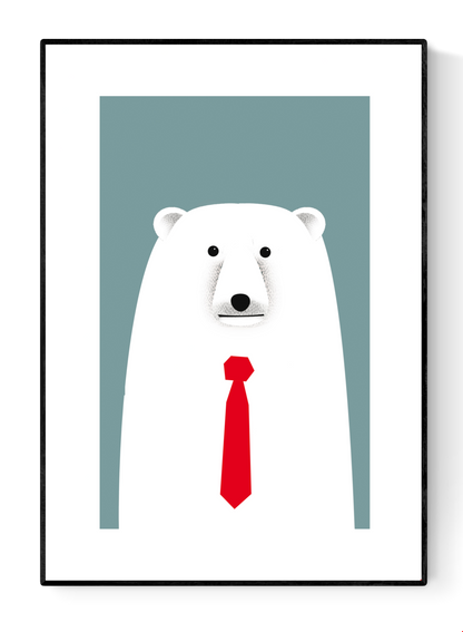 Minimalist polar bear art print wearing a red tie, modern A4 wall decor by Studio Frits, whimsical animal illustration printed on 300g paper – ideal for kids’ rooms or office walls