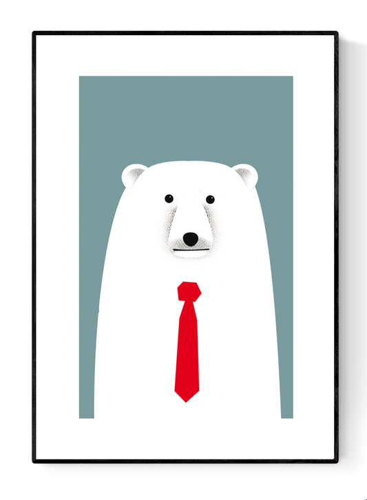 Minimalist polar bear art print wearing a red tie, modern A4 wall decor by Studio Frits, whimsical animal illustration printed on 300g paper – ideal for kids’ rooms or office walls