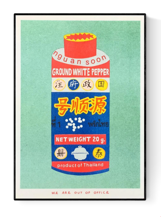 Colorful risograph art print of Thai ground white pepper packaging by We Are Out Of The Office, modern kitchen wall decor on eco-friendly 300g Biotop paper, 13x18 cm