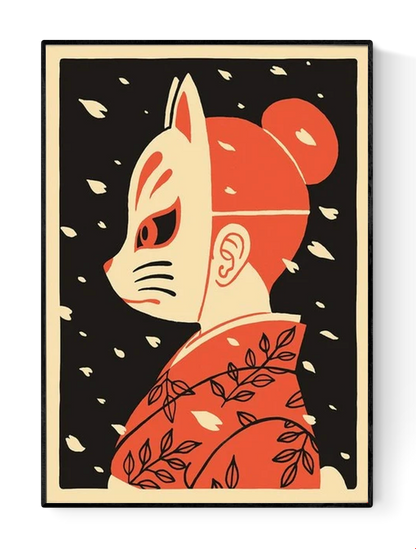 Hanami art print by Yeaaah! Studio – Japanese kitsune fox mask girl in kimono illustration, inspired by folklore and pop culture, bold modern wall art on 300g paper