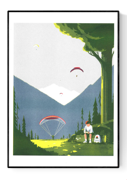 Risograph print Game Boy by Tom Haugomat — a boy playing his Game Boy in a sunny mountain valley while paragliders float in the sky, surrounded by pine trees and soft light. Minimalist French illustration blending nature, nostalgia, and modern design.