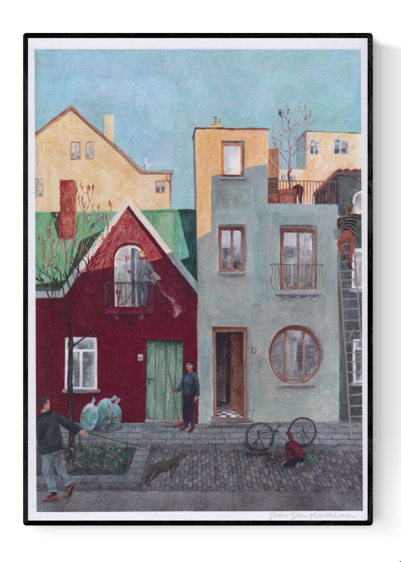 Digital art print by Belgian illustrator Stien Van Kerckhoven showing a peaceful Belgian neighborhood scene with children fixing a bicycle, colorful houses, soft pastel tones, and everyday life moments. A warm, cozy wall art piece sized A4 (21 x 29.7 cm), perfect for home decor lovers seeking charming European illustrations