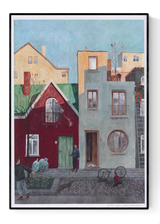 Digital art print by Belgian illustrator Stien Van Kerckhoven showing a peaceful Belgian neighborhood scene with children fixing a bicycle, colorful houses, soft pastel tones, and everyday life moments. A warm, cozy wall art piece sized A4 (21 x 29.7 cm), perfect for home decor lovers seeking charming European illustrations