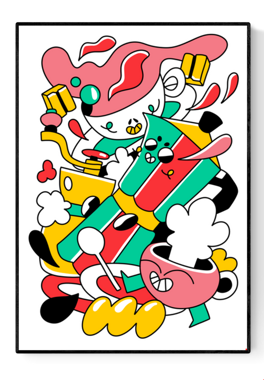 Colorful limited edition A3 risograph print titled “Coffee Rally” by Belgian artist Auwnanas, featuring playful cartoon characters, bold red, yellow, green and black shapes, dynamic coffee-themed elements, and energetic movement; modern quirky wall art for design lovers.