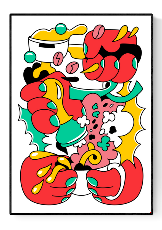 Vibrant risograph illustration “Stamp Stamp” by Auwnanas, featuring bold red, yellow, green, and pink abstract shapes with dynamic movement and playful cartoon energy. Limited edition A3 art print perfect for modern interiors, design lovers, and collectors of colourful contemporary wall art.