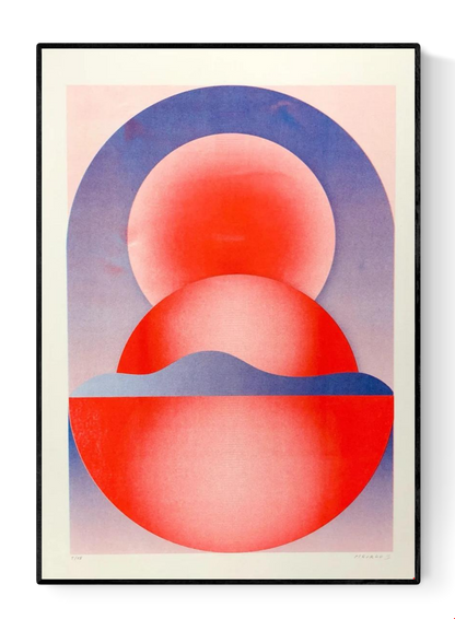 Abstract geometric risograph print by Dutch illustrator PTRVRKD – bold blue and red still life with circular shapes, gradients, and modern minimalist design, printed with eco-friendly soy inks on 250 gsm Biotop paper, handmade in the Netherlands – ideal contemporary wall art for design enthusiasts.