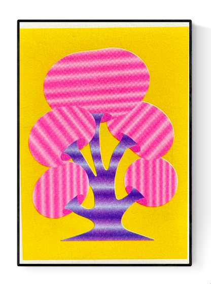 Funky abstract mushroom risograph print by Dutch illustrator PTRVRKD – bold minimalist design with purple stem, striped pink mushroom caps, and bright yellow background, printed with eco-friendly soy inks on 250 gsm Biotop paper, handmade in the Netherlands – small, playful art print for modern spaces.