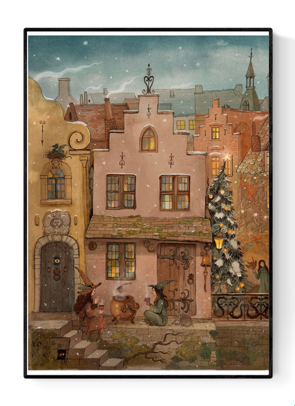 “The Potion” by Lena Yampolski – A4 fantasy art print of two witches sharing a drink in a snowy medieval village, with cozy lights, a decorated tree, and whimsical architecture. Folklore-inspired giclée print made in Belgium.