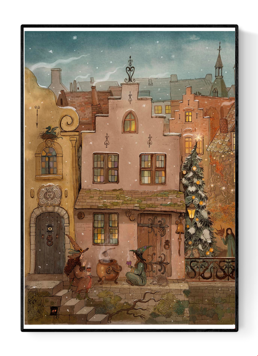 “The Potion” by Lena Yampolski – A4 fantasy art print of two witches sharing a drink in a snowy medieval village, with cozy lights, a decorated tree, and whimsical architecture. Folklore-inspired giclée print made in Belgium.