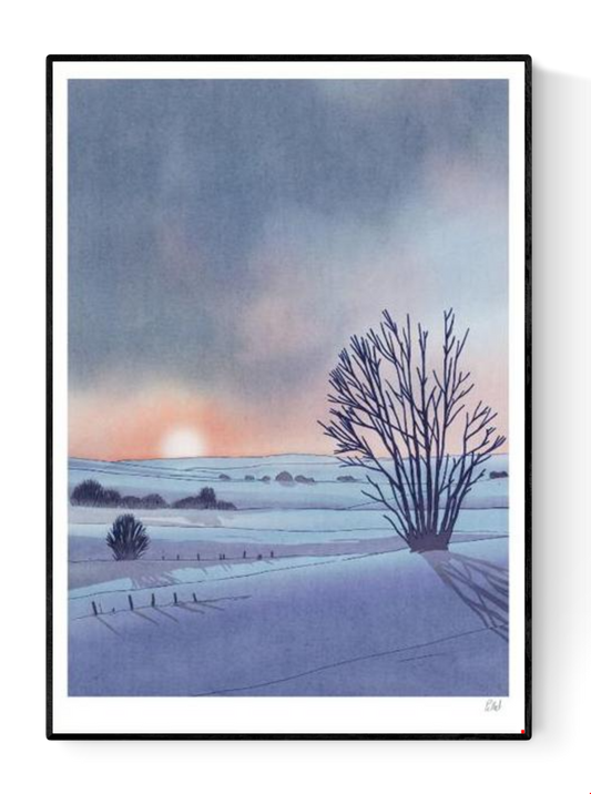 Collines art print by French illustrator Victor Pellet, 29.7 x 42 cm A3 risograph print in 4 colors, depicting a peaceful winter landscape at sunset with snow-covered hills and bare trees, printed on 150g Munken Print White paper, made in Belgium, unframed, packaged with protective sleeve and cardboard backing.