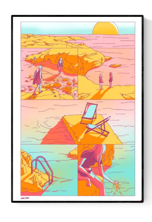 AOÛT 99 by Camille Berniard – limited edition 4-color risograph art print in warm pink, orange, and turquoise tones, depicting sunlit coastal scenes with figures and a deckchair. A nostalgic summer artwork on Munken Print White paper, signed and numbered by the French artist