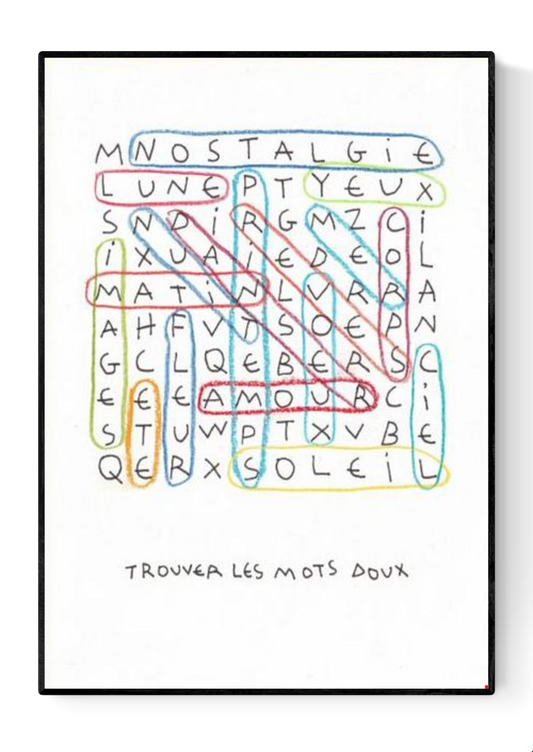 Risograph art print “Les mots doux” by Paul Lecat – colorful word search illustration featuring French words like “amour,” “soleil,” and “nostalgie” drawn in soft red, blue, and yellow lines on white background, poetic modern wall art in A3 format.