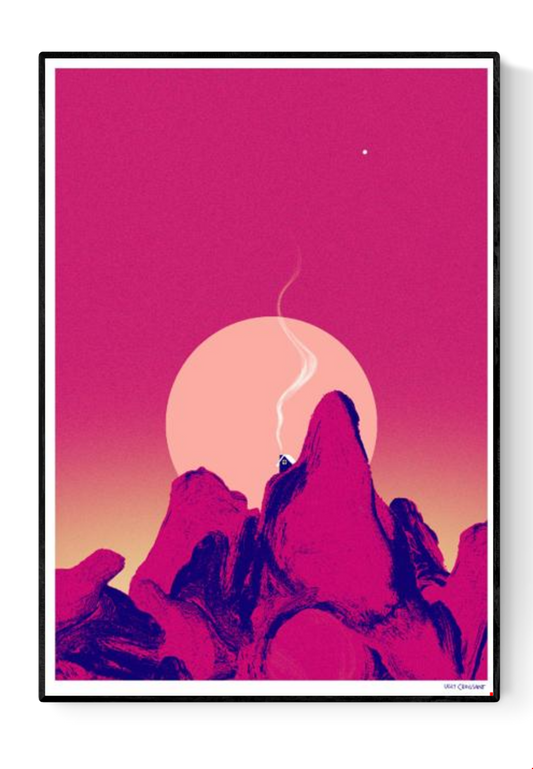 Colorful risograph art print La nuit porte conseil by Ugly Croissant, featuring surreal pink and purple mountain silhouettes under a glowing sun and night sky. Limited edition A3 print, numbered and signed by Belgian artist Kathleen Wijns — perfect for modern, dreamy interiors.