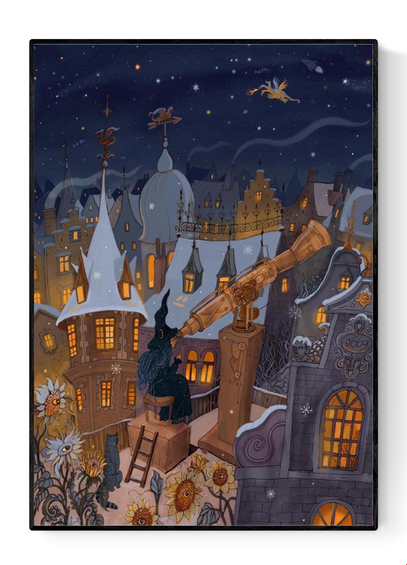 Whimsical winter night illustration by Lena Yampolski featuring a witch with long blue hair stargazing through a large telescope above glowing medieval rooftops, surrounded by snow, sunflowers, and a flying dragon under a starry sky – fantasy art print for cozy interiors.