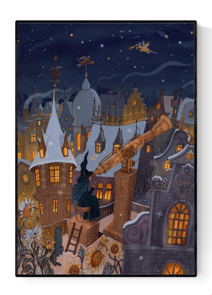 Whimsical winter night illustration by Lena Yampolski featuring a witch with long blue hair stargazing through a large telescope above glowing medieval rooftops, surrounded by snow, sunflowers, and a flying dragon under a starry sky – fantasy art print for cozy interiors.