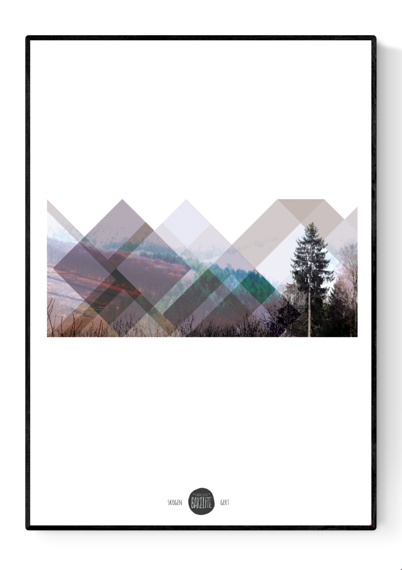 Minimalist geometric landscape art print titled Skogen by Studio Frits, combining layered transparent shapes with a Swedish forest photograph to create a peaceful Scandinavian aesthetic, ideal for contemporary wall decor.