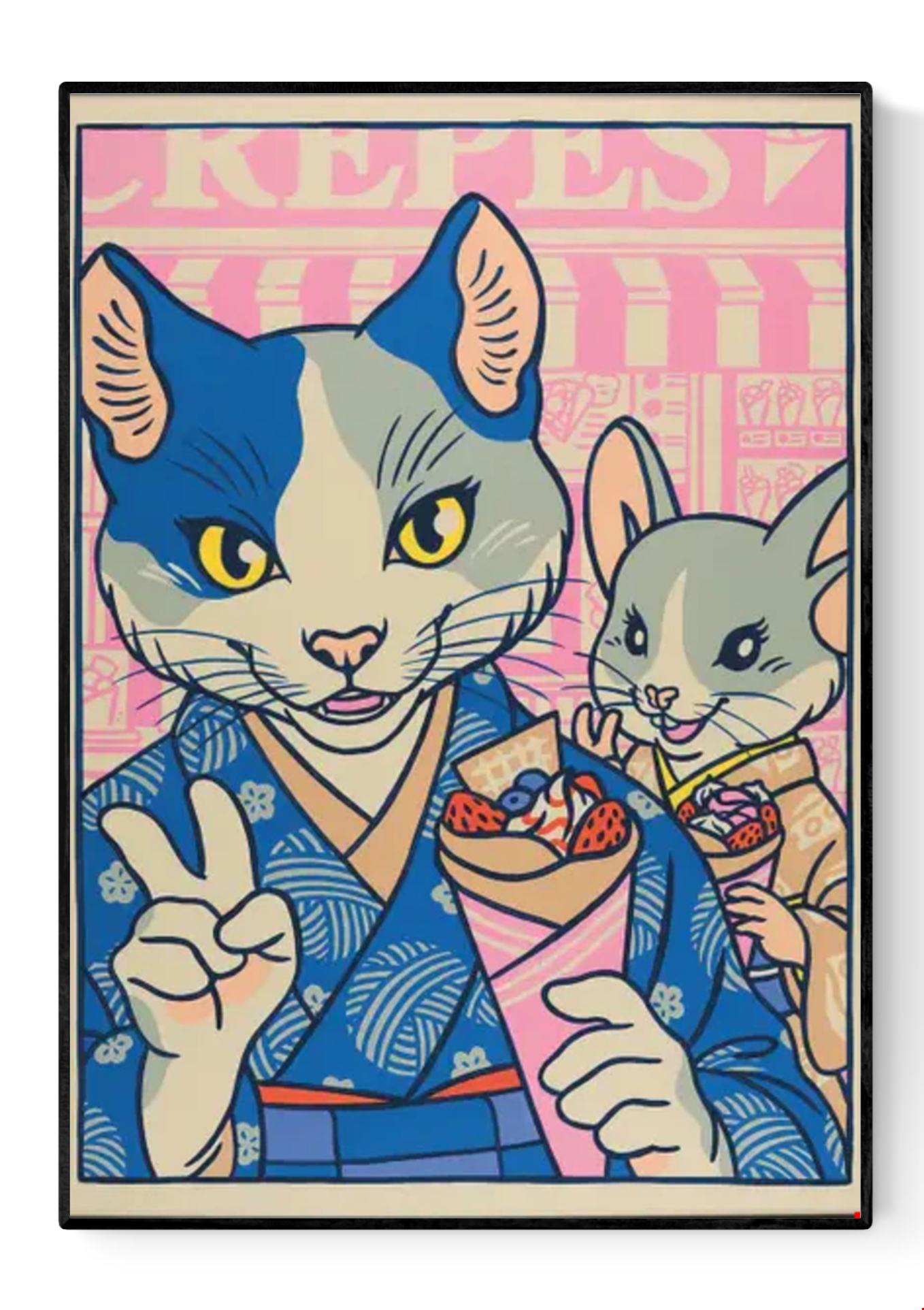 Playful pop-style illustration by Yeaaah! Studio featuring a stylish anthropomorphic cat and mouse in traditional Japanese kimonos, enjoying crepes and posing for a selfie in a colorful Harajuku street scene. A vibrant fusion of kawaii culture and retro comic art—perfect for fans of Japan-inspired, quirky wall decor