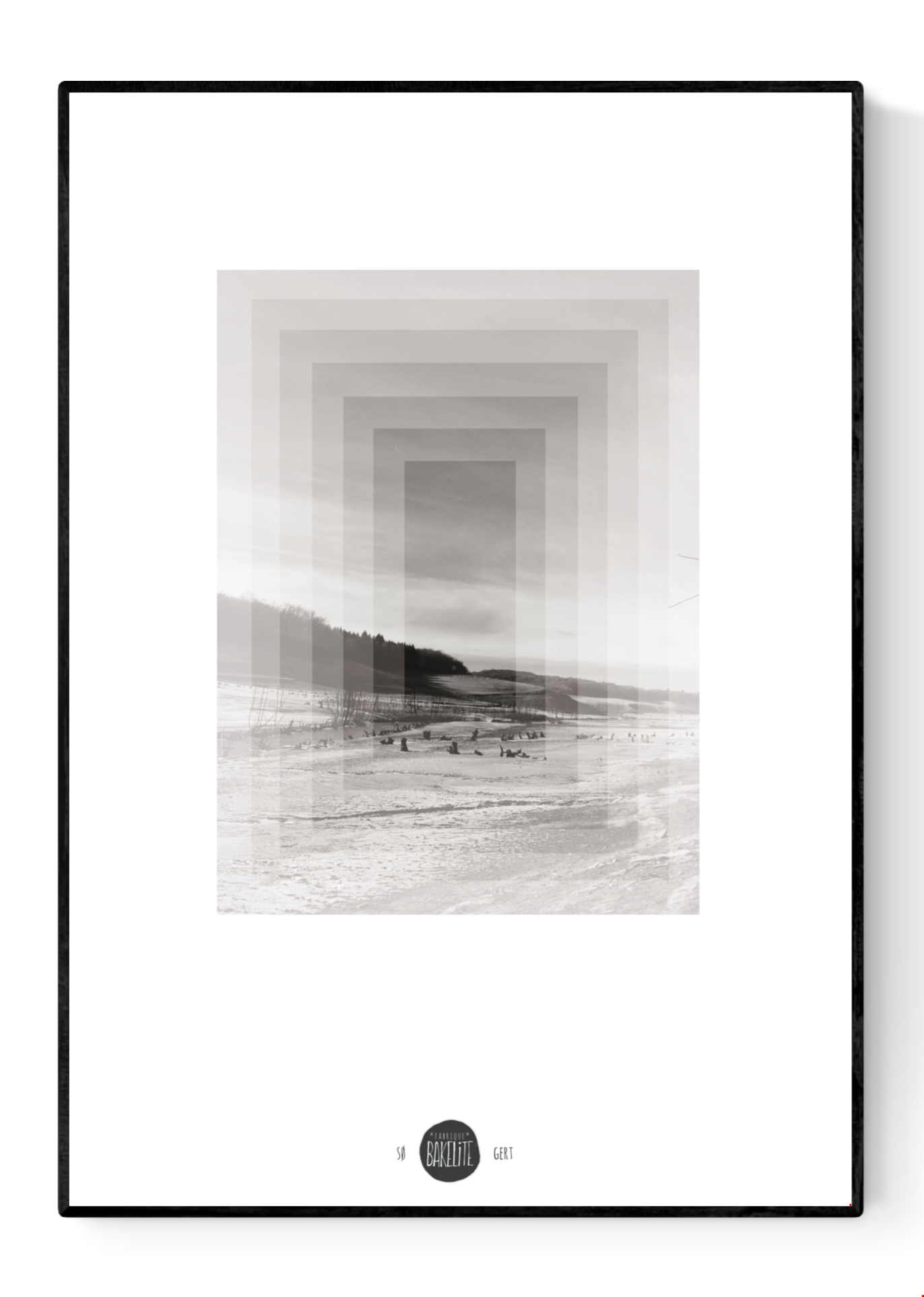 Minimalist Nordic art print SØ by Studio Frits, black-and-white geometric landscape inspired by Swedish winter woods, fine art digital print on matte paper, modern wall decor for Scandinavian and design lovers.