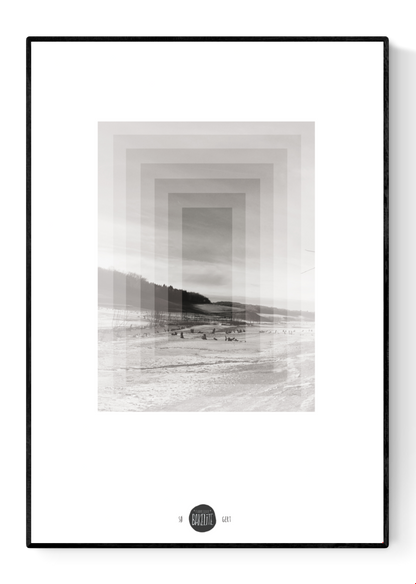 Minimalist Nordic art print SØ by Studio Frits, black-and-white geometric landscape inspired by Swedish winter woods, fine art digital print on matte paper, modern wall decor for Scandinavian and design lovers.