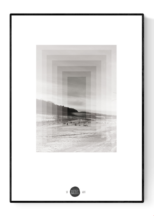 Minimalist Nordic art print SØ by Studio Frits, black-and-white geometric landscape inspired by Swedish winter woods, fine art digital print on matte paper, modern wall decor for Scandinavian and design lovers.