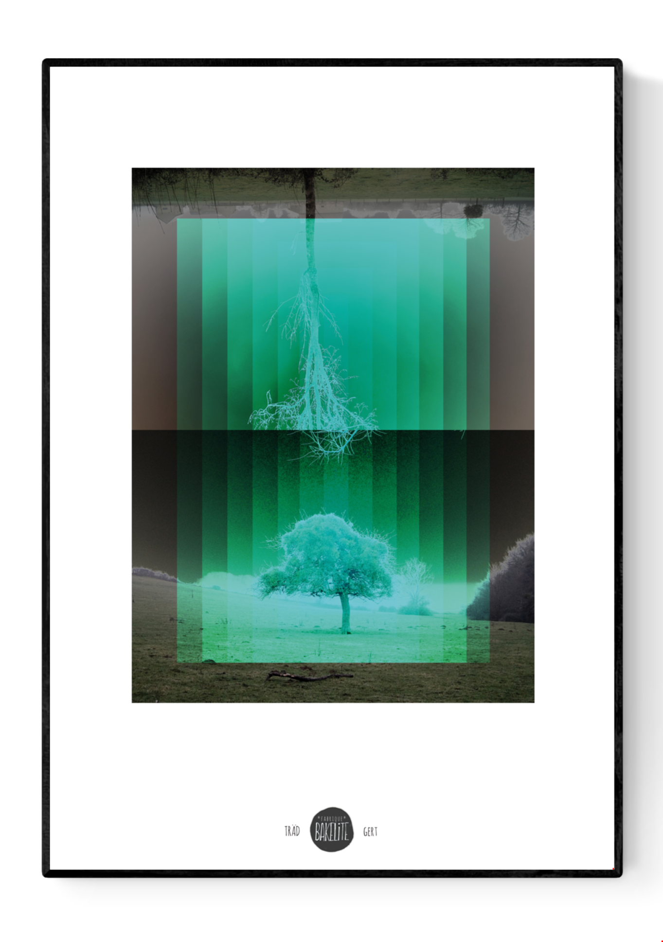 Nordic-inspired art print Träd by Studio Frits – a minimalist digital artwork by Belgian illustrator Gert Paenen featuring mirrored trees in green gradients, symbolizing nature, reflection, and Scandinavian calm. Perfect wall art for modern, nature-inspired homes in Belgium, the Netherlands, France, and Germany.