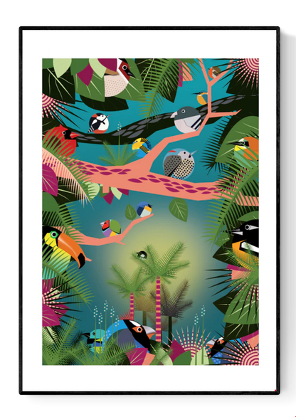 Vibrant jungle-themed illustration by Studio Frits featuring a lush tropical canopy filled with colorful exotic birds perched on graphic pink and black branches. Set against a dreamy teal-green background with bold botanical elements, this dynamic art print captures the rich biodiversity of the Amazon—perfect for brightening up modern interiors, kids’ rooms, or nature-inspired spaces